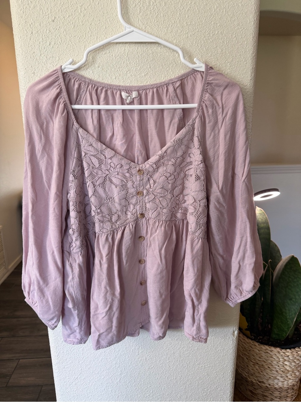 Maurices Lace-Front Peasant Blouse in Dusty Mauve